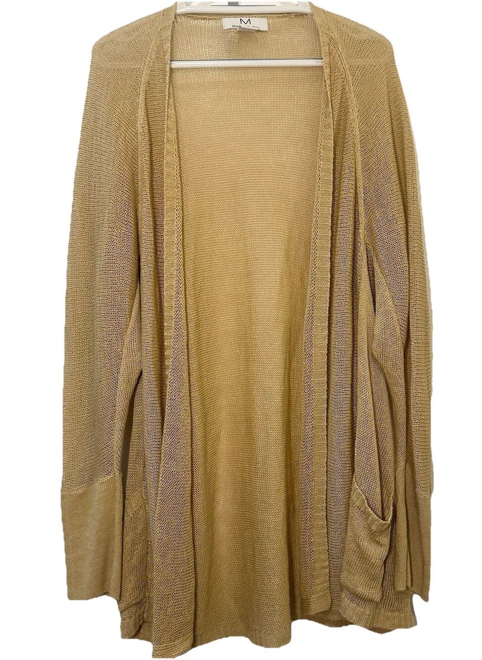 Magaschoni Linen Blend Open Front Cardigan Sweater XL Neutral Pockets